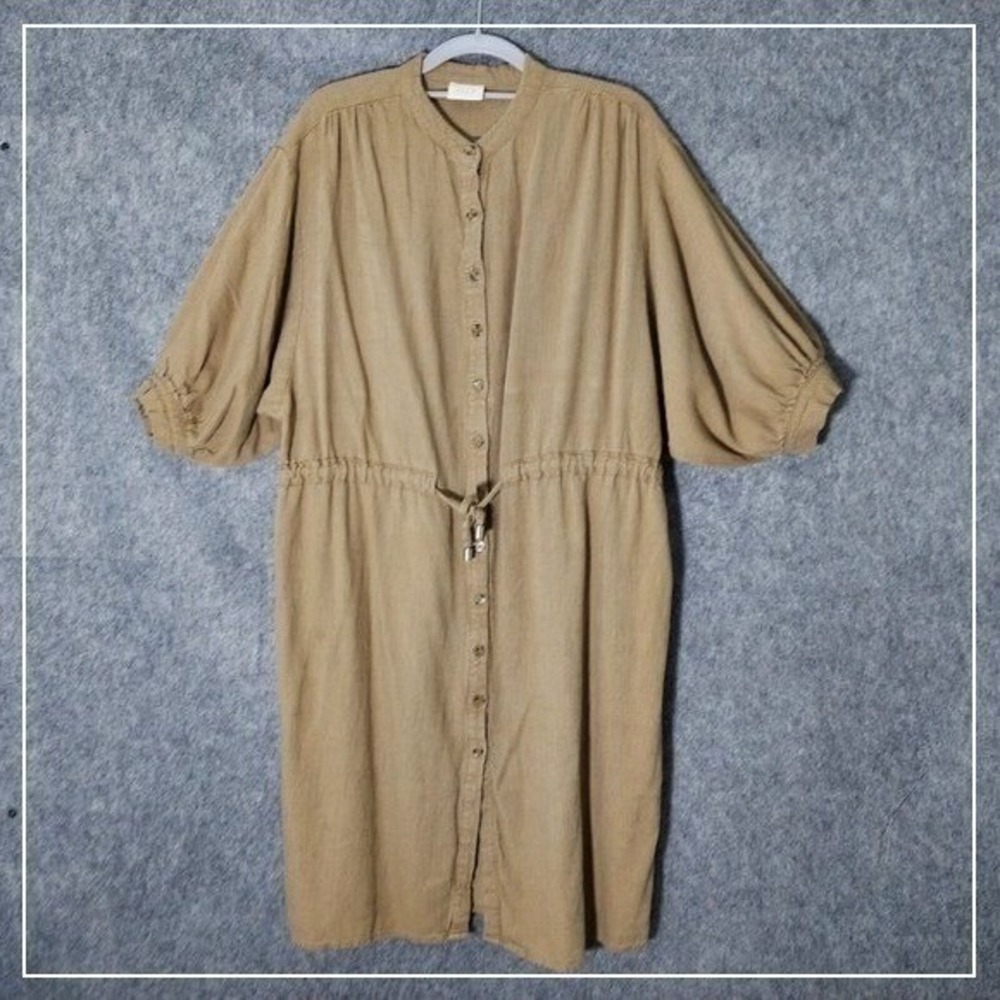 Vila Dress Women 36 S Beige Linen Puff Sleeve Cinched Waist Coastal Cottagecore